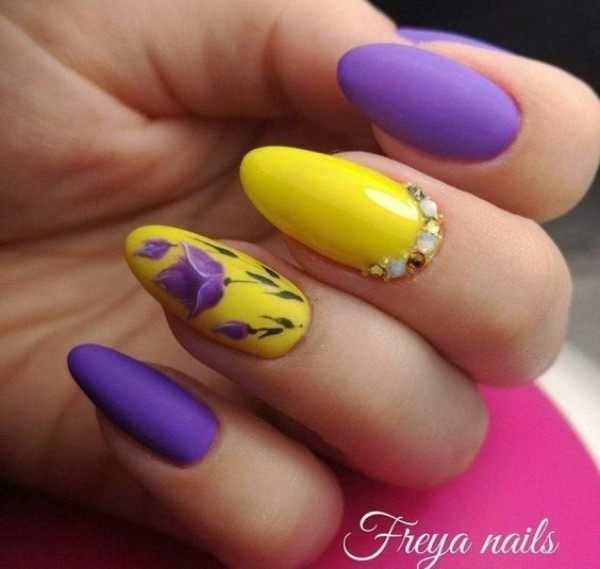 Girl With Darling Purple And Yellow Nail Design