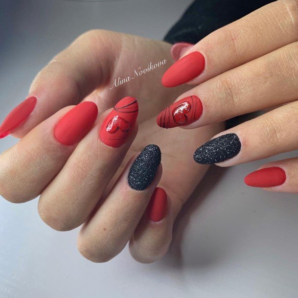 Girl With Darling Red And Black Matte Nail Design