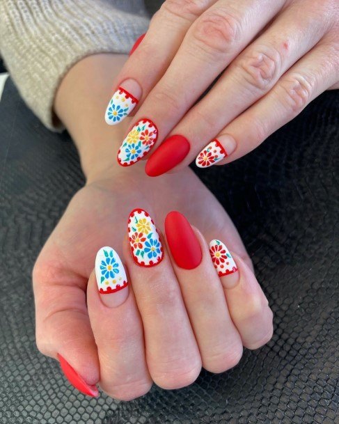 Girl With Darling Red And Blue Nail Design