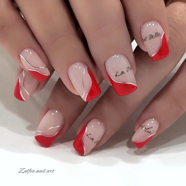 Girl With Darling Red And Nude Nail Design