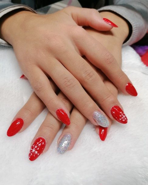 Girl With Darling Red And Silver Nail Design