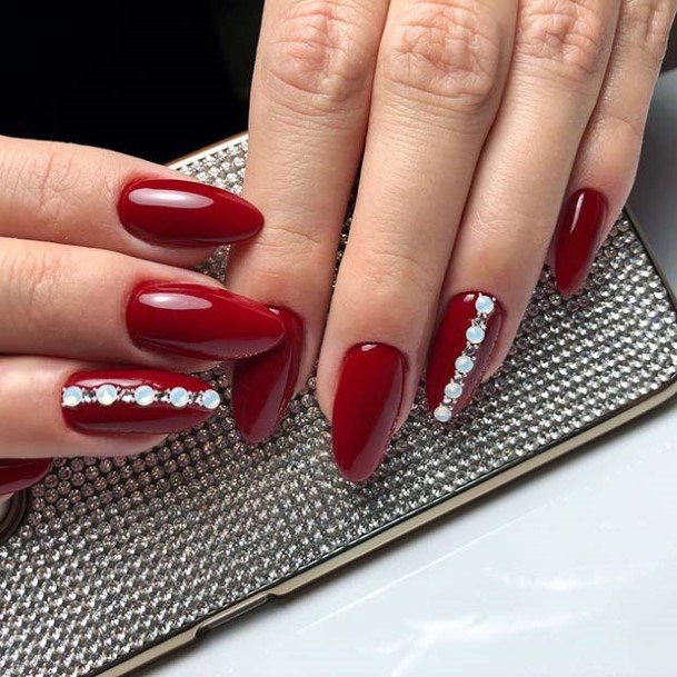 Girl With Darling Red With Diamond Rhinestones Nail Design