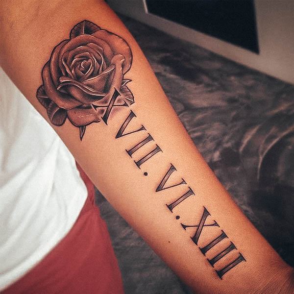 Girl With Darling Roman Numeral Tattoo Design Forearm With Rose Flower