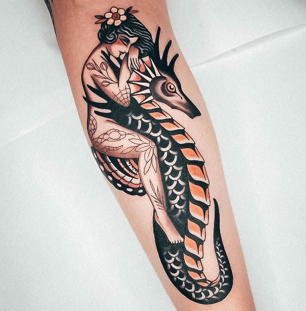 Girl With Darling Seahorse Tattoo Design