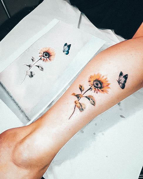 Girl With Darling Small Sunflower Tattoo Design