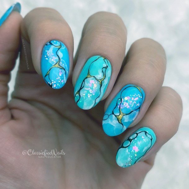 Girl With Darling Teal Turquoise Dress Nail Design