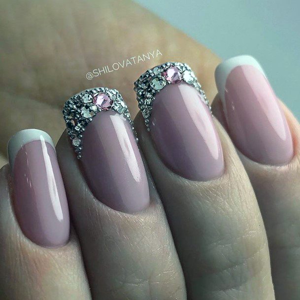 Girl With Darling White With Rhinestones Nail Design