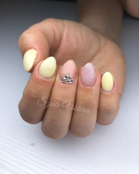 Girl With Darling Yellow With Diamonds Nail Design