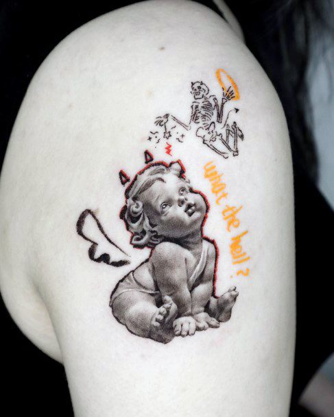 Girl With Feminine Baby Angel Tattoo