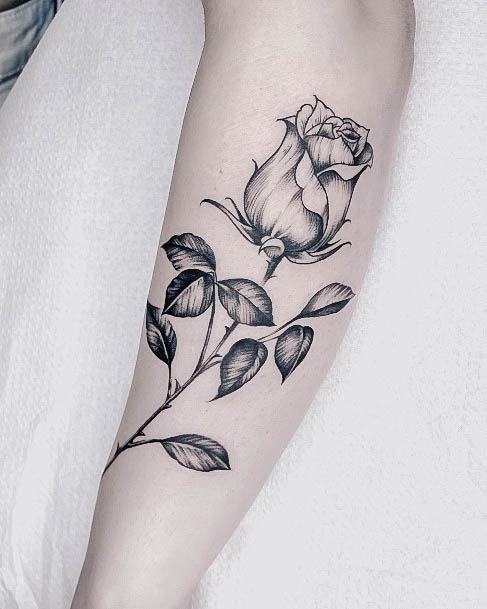 Girl With Feminine Black Rose Tattoo