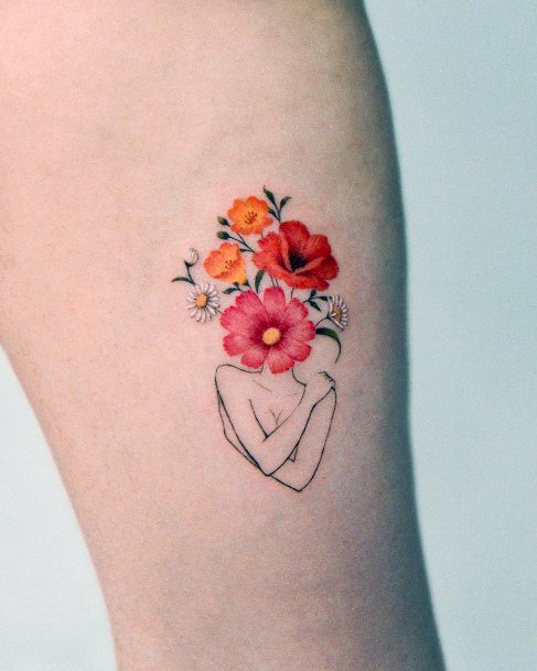 Girl With Feminine Bouquet Tattoo