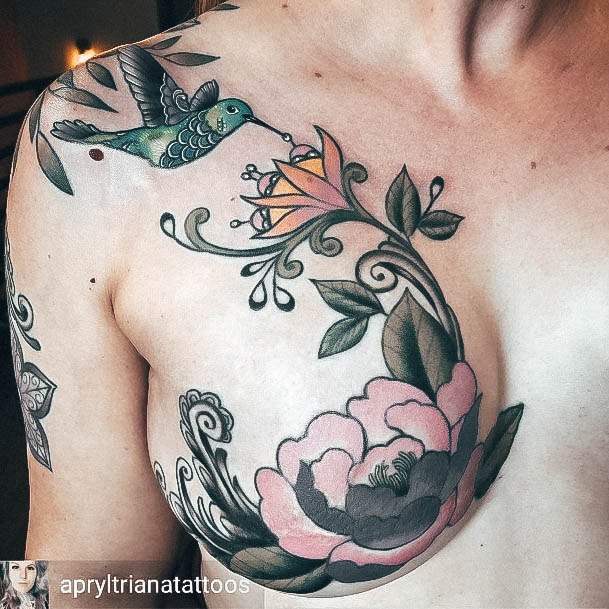 Girl With Feminine Breast Cancer Tattoo