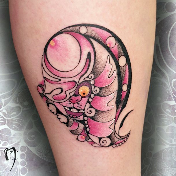 Girl With Feminine Cheshire Cat Tattoo