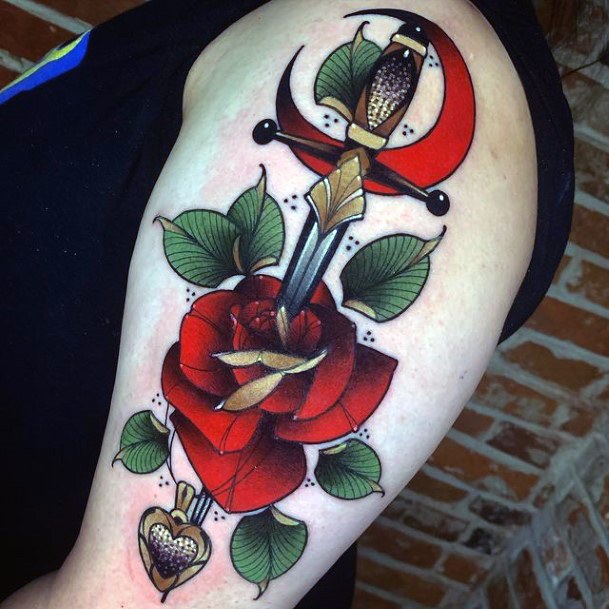 Girl With Feminine Dagger Rose Tattoo