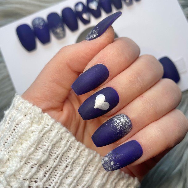 Girl With Feminine Dark Blue Matte Nail