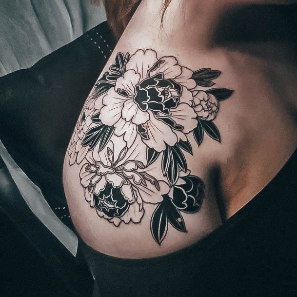 Girl With Feminine Flower Shoulder Tattoo