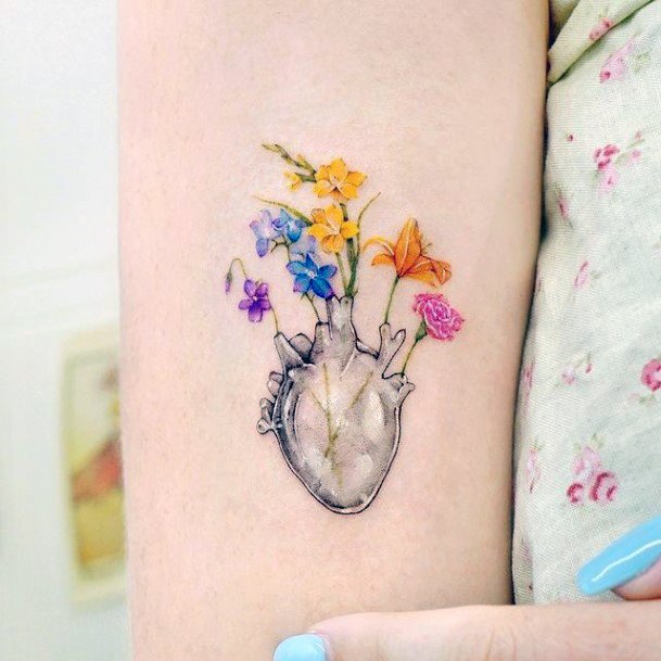 Girl With Feminine Flower Vase Tattoo