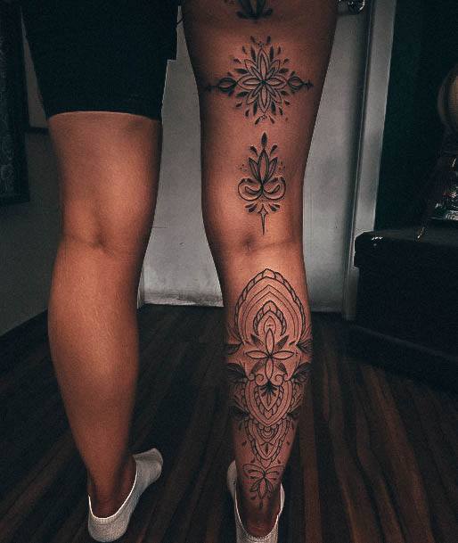 Girl With Feminine Leg Sleeve Tattoo