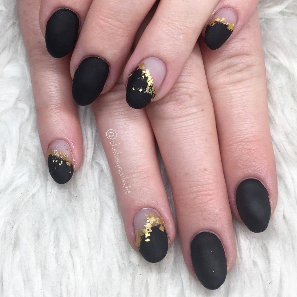 Girl With Feminine Matte Black And Gold Nail