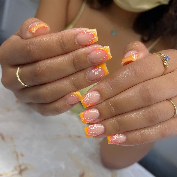 Girl With Feminine Orange And White Nail