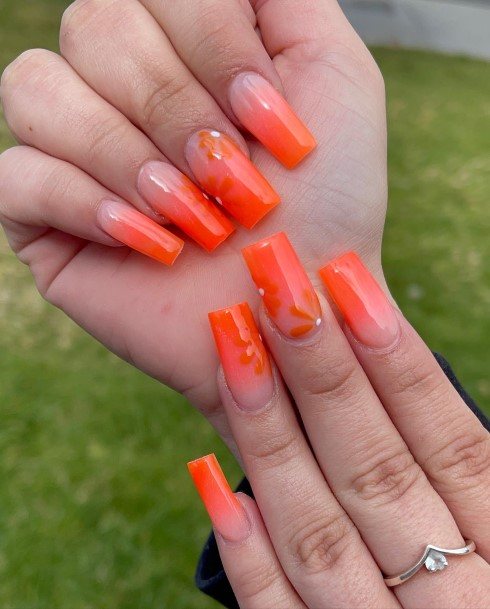 Girl With Feminine Orange Ombre Nail