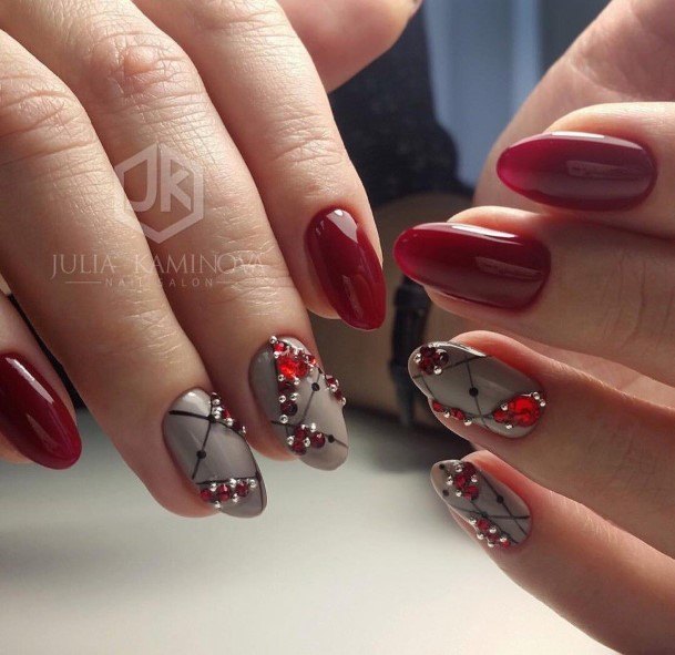 Girl With Feminine Red And Grey Nail