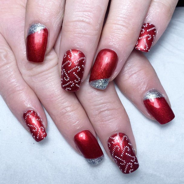 Girl With Feminine Red And Silver Nail