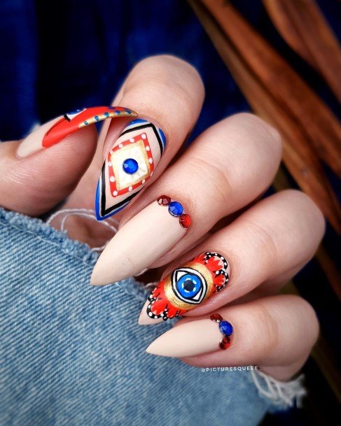 Girl With Feminine Red White And Blue Nail