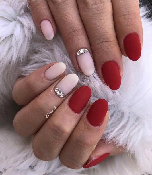 Girl With Feminine Red With Diamond Rhinestones Nail