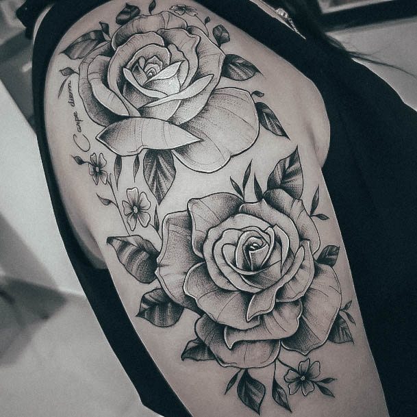 Girl With Feminine Rose Shoulder Tattoo