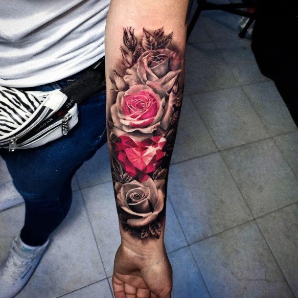 Girl With Feminine Rose Sleeve Tattoo