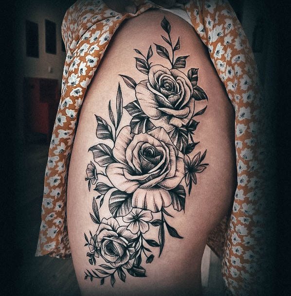 Girl With Feminine Rose Thigh Tattoo