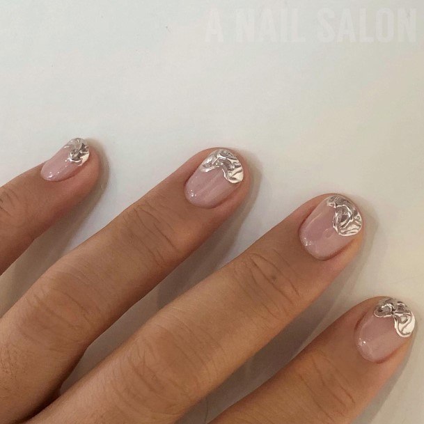 Girl With Feminine Silver French Tip Nail