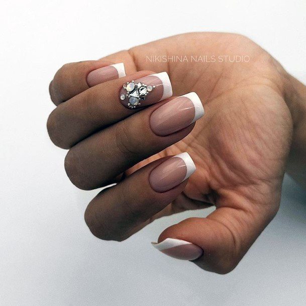 Girl With Feminine White With Rhinestones Nail