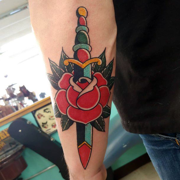 Girl With Graceful Dagger Rose Tattoos