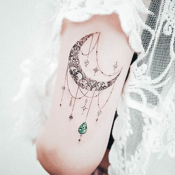 Girl With Graceful Gem Tattoos Moon
