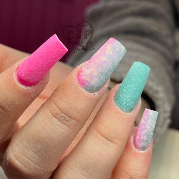 Girl With Graceful Green And Pink Nails