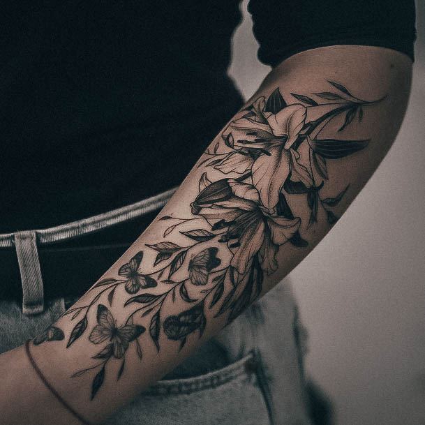 Girl With Graceful Lily Tattoos Forearm Sleeve