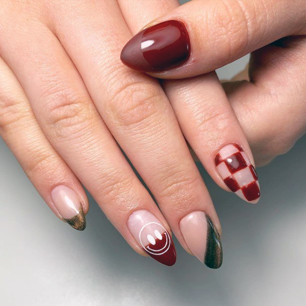 Girl With Graceful Maroon White Nails