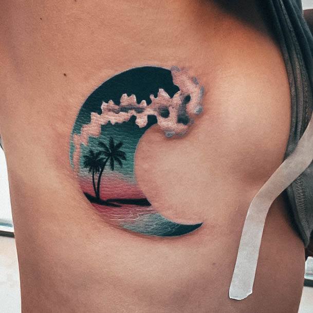 Girl With Graceful Palm Tree Tattoos Side Of Body