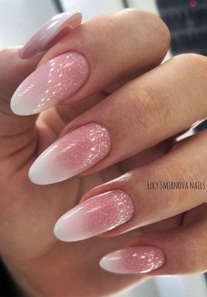 Girl With Graceful Pink Ombre With Glitter Nails