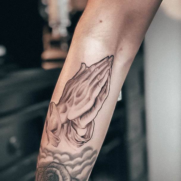 Girl With Graceful Praying Hands Tattoos Outer Forearm