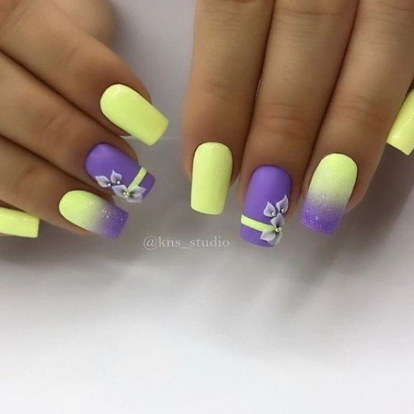 Girl With Graceful Purple And Yellow Nails
