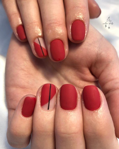 Girl With Graceful Red And Black Matte Nails