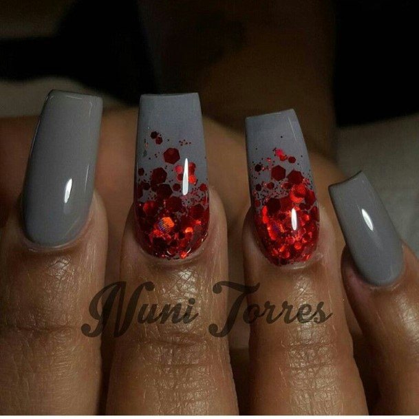 Girl With Graceful Red And Grey Nails