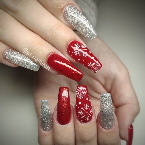 Girl With Graceful Red And Silver Nails