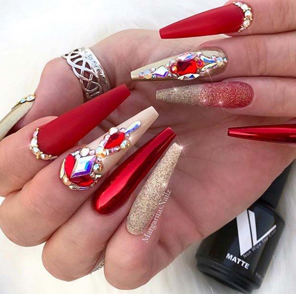 Girl With Graceful Red With Diamond Rhinestones Nails