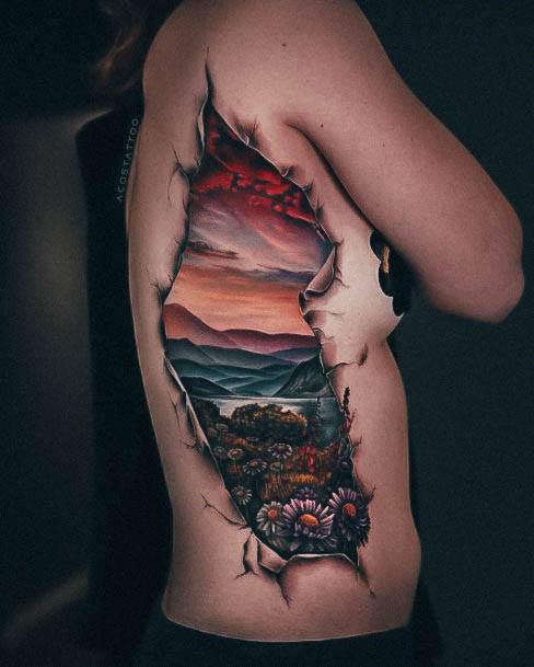 Girl With Graceful Rib Tattoos 3d Ocean View Landscape