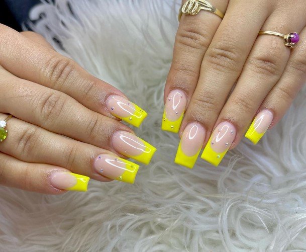 Girl With Graceful Yellow With Diamonds Nails