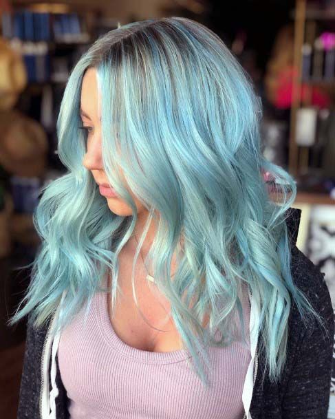 Girl With Light Aqua Shoulder Hair Curl Layered Side Part